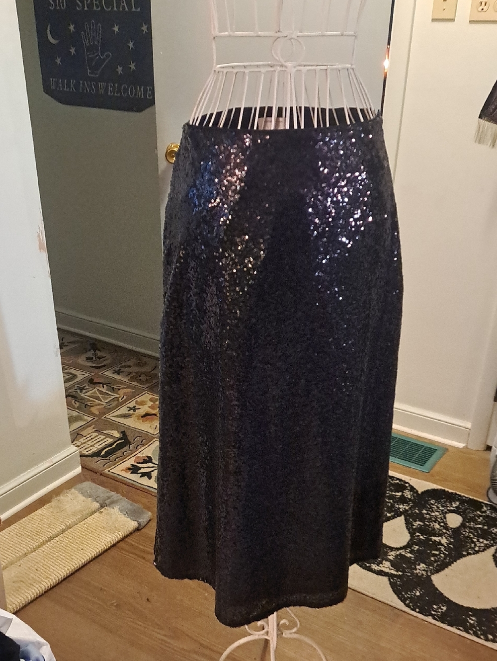 Feather & Bone Black Sequin Midi Skirt, Sz S